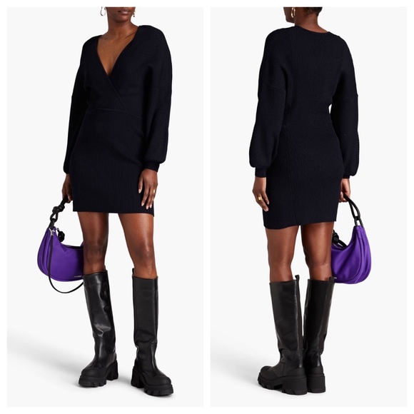 NWT GANNI Dress Dark Navy V-Neck Wrap-effect Ribbed-knit Mini Skirt Size M - Picture 13 of 13